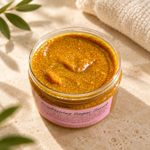 Brown Sugar Scrub on a cream stone surface