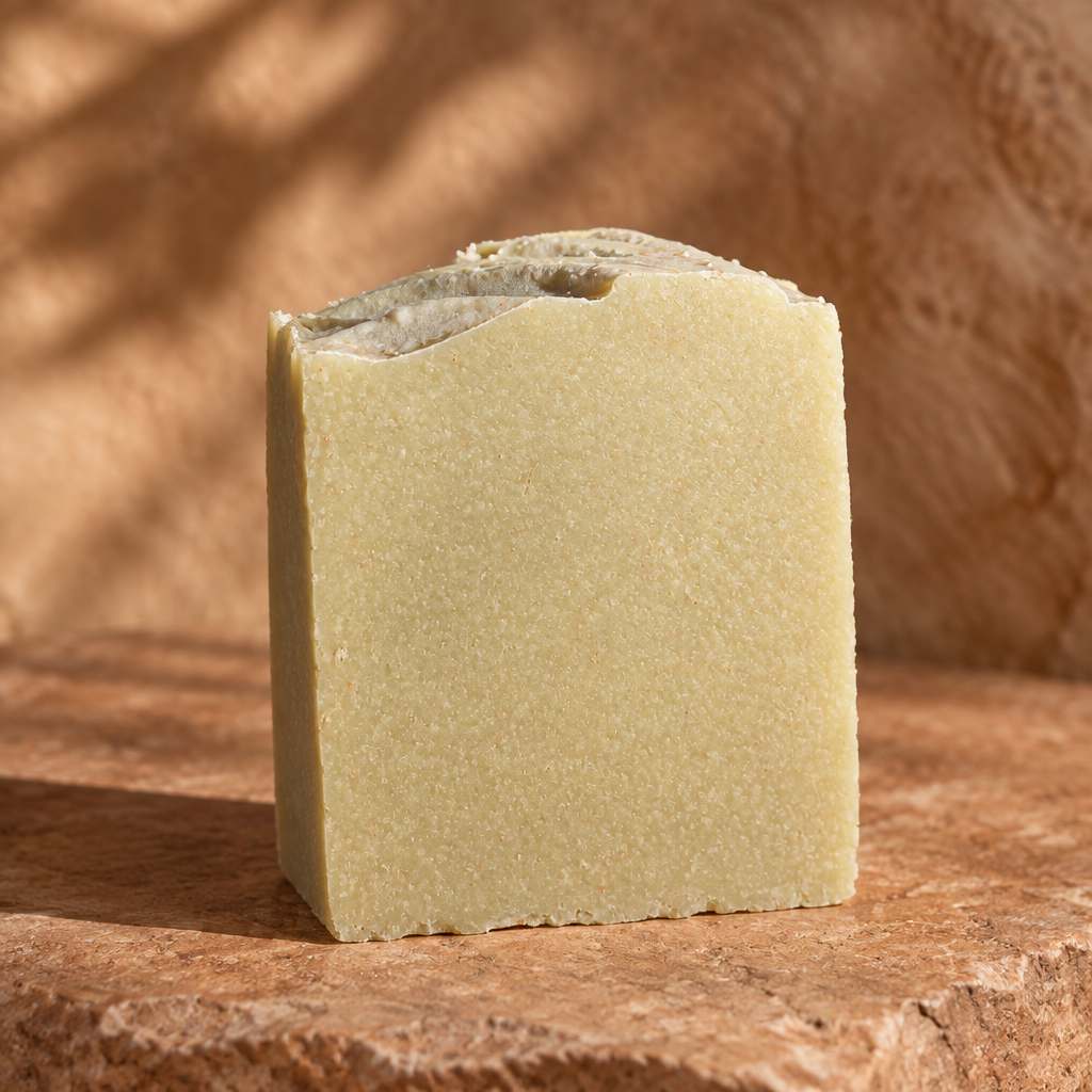 Himalayan Mud soap on warm clay-colored stone
